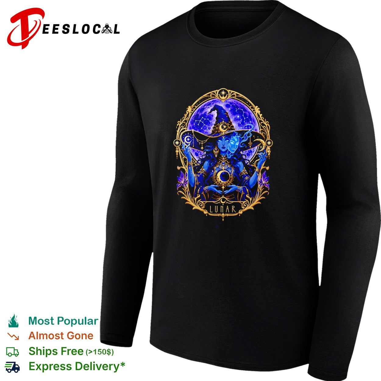 Lunar mystical witch moon goddess gold and purple illustration graphic shirt