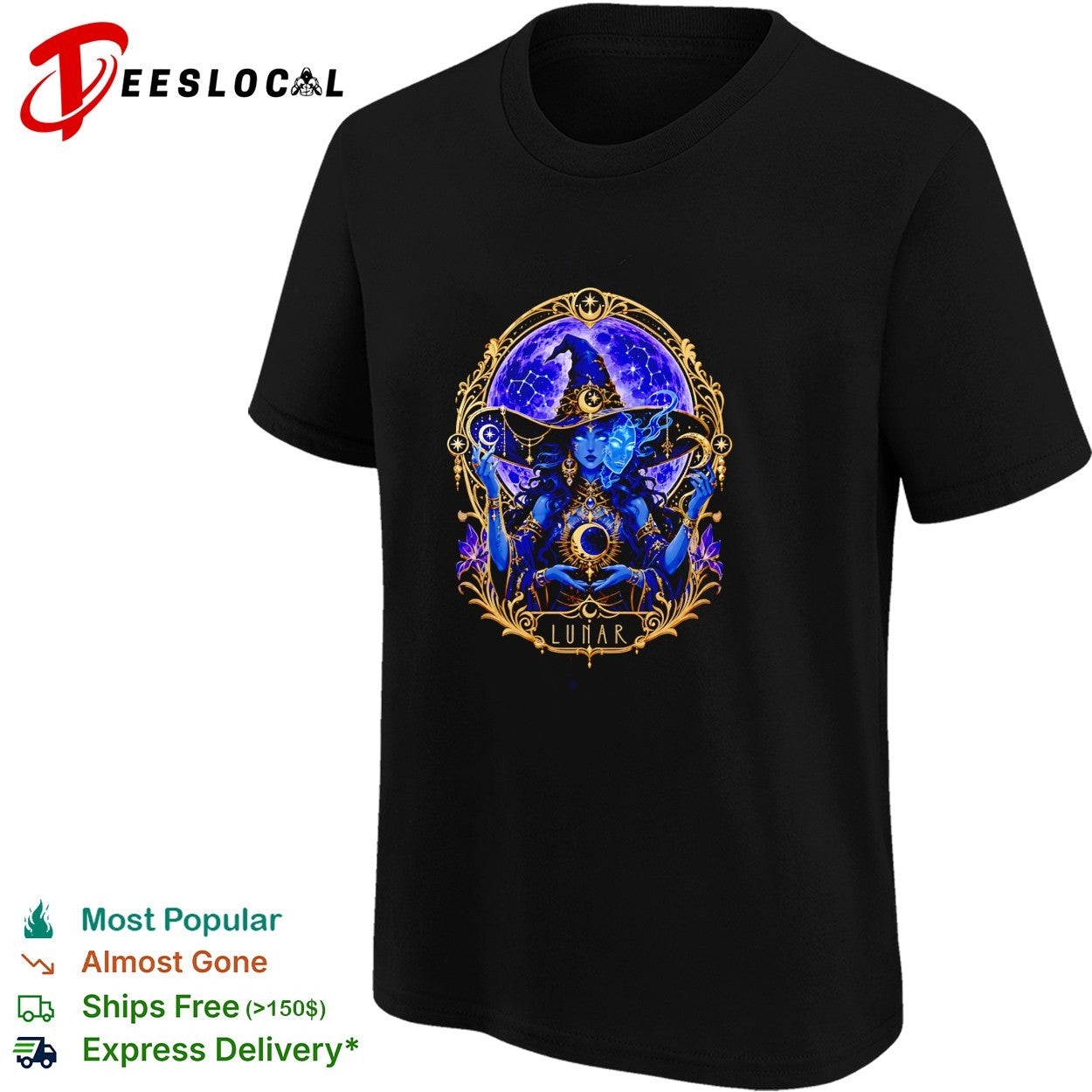 Lunar mystical witch moon goddess gold and purple illustration graphic shirt