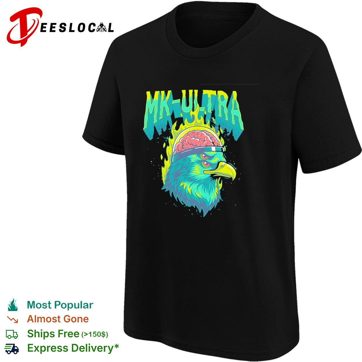 MKUltra green and yellow eagle with glowing brain illustration graphic shirt