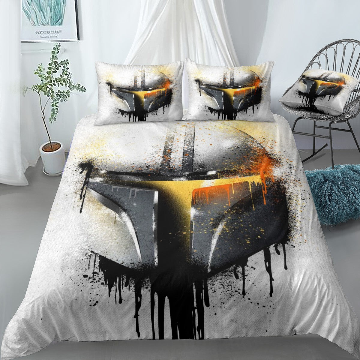 Mandalorian Graffitti Helmet Bedding Set (Duvet Cover & Pillow Shams)