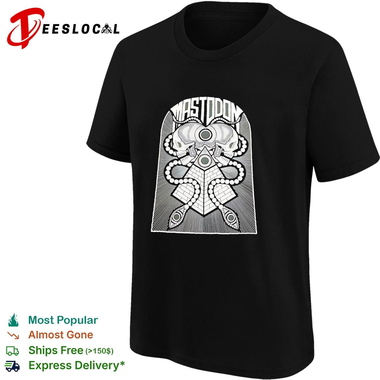 Mastodon band skulls and pyramid occult geometry symbol black and white ink shirt