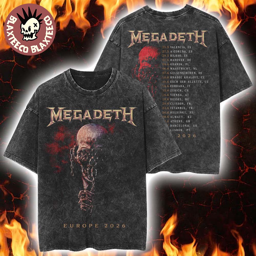 Megadeth Europe 2026 Tour Merch Vic Rattlehead With Dates Vintage Washed Tee