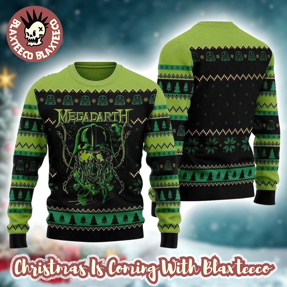 Megadeth Megadarth Darth Vader Star Wars Inspired Knitted Black And Green Ugly Christmas Sweater