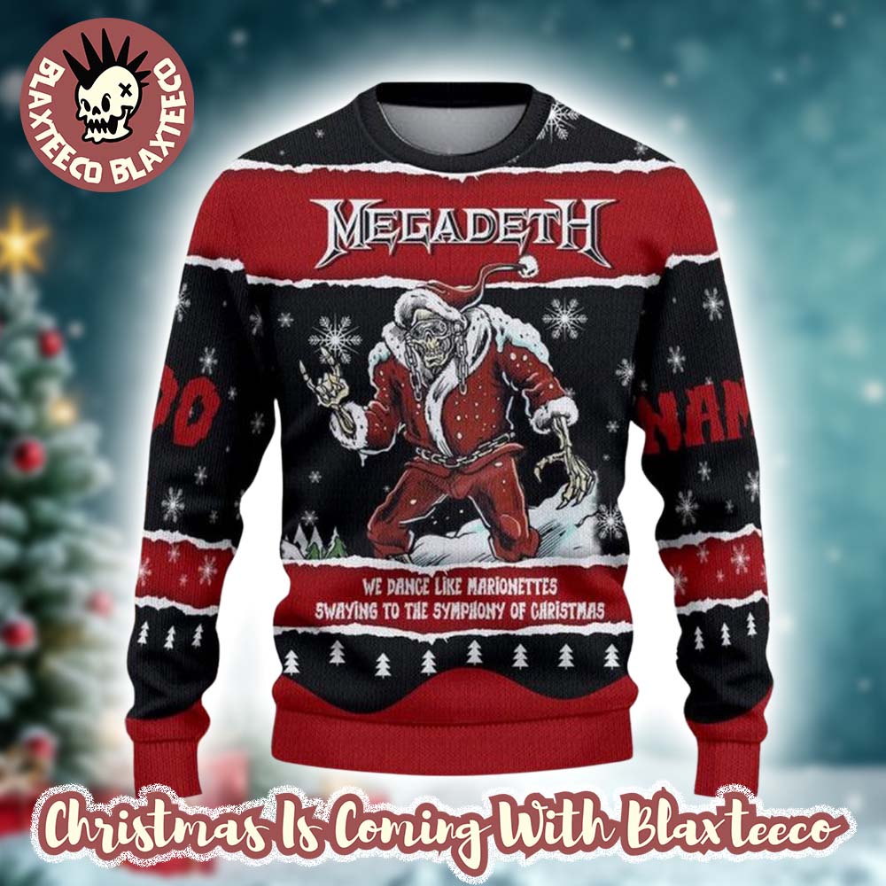 Megadeth We Dance Like Marionettes Santa Claus Skeleton Personalized Number And Name Ugly Christmas Sweater