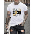 "Hello 2025 Happy New Year" Firework Print Casual Short Sleeve Cotton Round Neck Stretch Fabric Summer Top Made USA T-Shirts
