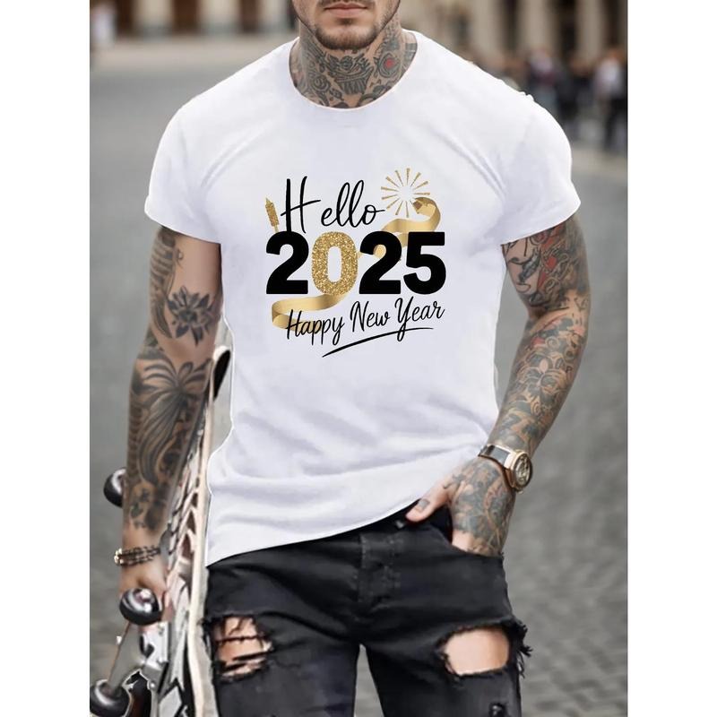 "Hello 2025 Happy New Year" Firework Print Casual Short Sleeve Cotton Round Neck Stretch Fabric Summer Top Made USA T-Shirts