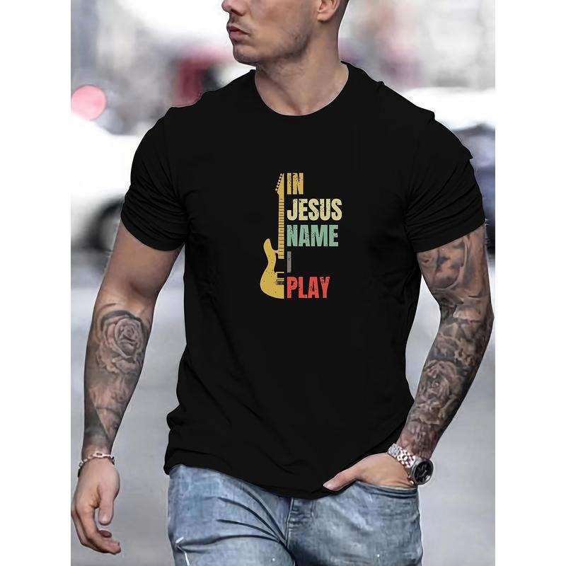 " Jesus Name I Play" Guitar Polyester Blend Crew Neck Slight Stretch Casual Summer Knit Fabric Top Made USA T-Shirts