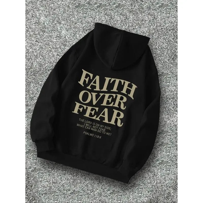 "Faith Over Fear" Slogan Print Drawstring Street Casual Regular Fit Long Sleeve Pocket Hooded Fall & Winter Top Daily Vintage T-Shirts