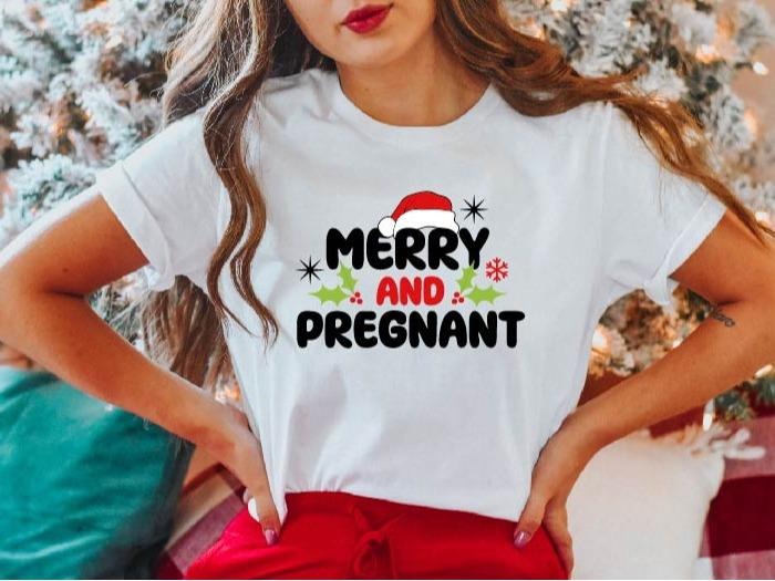 Merry Pregnant Shirt Pregnancy Announcement Shirt Maternity Funny Pregnancy Xmas Baby Pregnant Wife T-Shirts