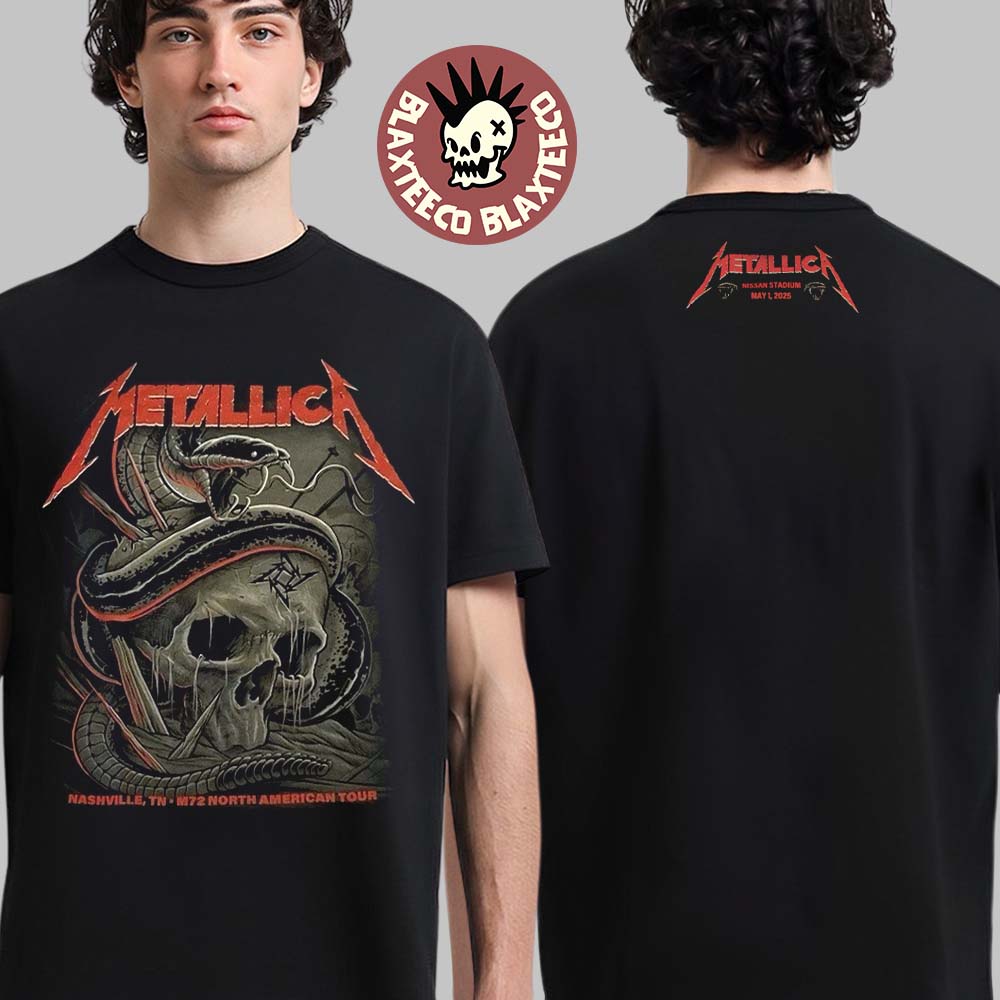 Metallica M72 Nashville Night 1 Venue Merch For Nashville Tennessee At Nissan Stadium On May 1 2025 M72 North American Tour Snake And Skull Artwork Two Sided Unisex T-Shirt