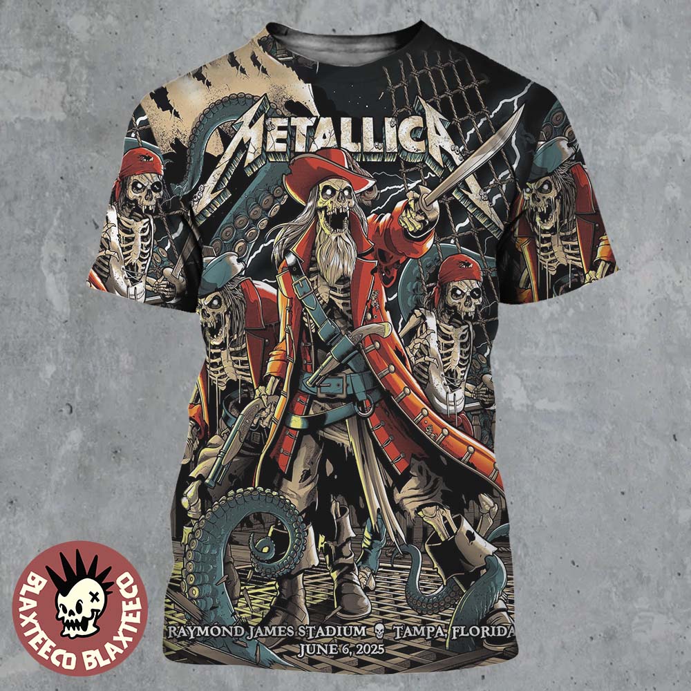 Metallica M72 Tampa 2025 Night 1 Venue Poster In Tampa Florida At Raymond James On June 6 2025 The Pirate Skeletons Art All Over Print Shirt