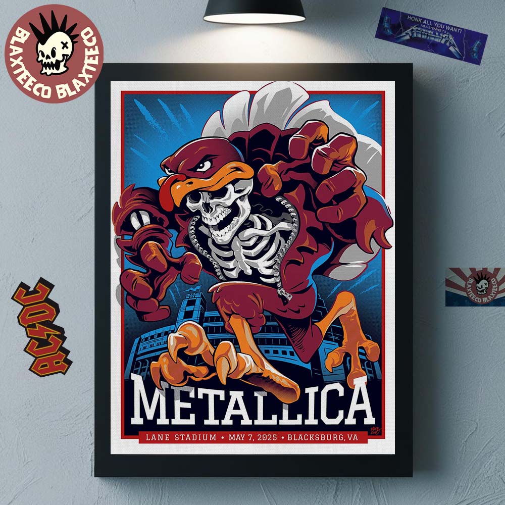 Metallica M72 Virginia Tech 2025 Venue Poster In Blacksburg VA At Lane Stadium On May 7 2025 Skeleton Mascot HokieBird Home Decor Poster Canvas