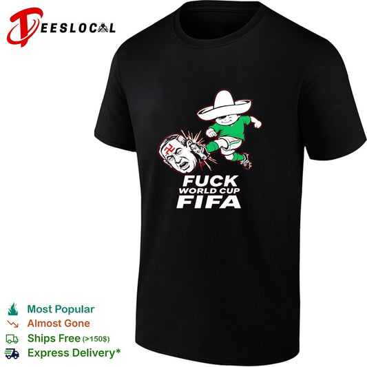 Mexico soccer mascot kicking World Cup anti-FIFA red bold shirt