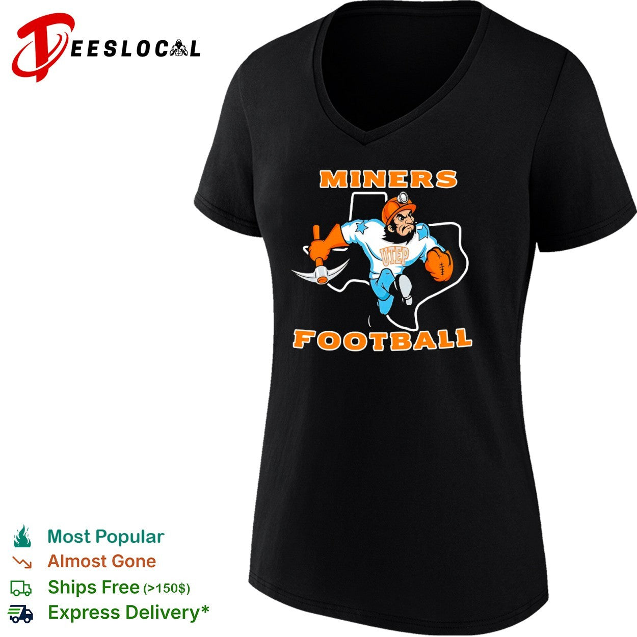Miners Football UTEP Miners Texas Map Mascot Action shirt