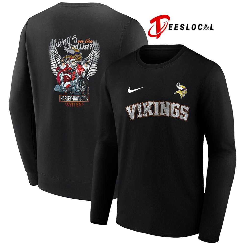 Minnesota Vikings x Harley Davidson Santa Claus who’s on the bad list graphic shirt