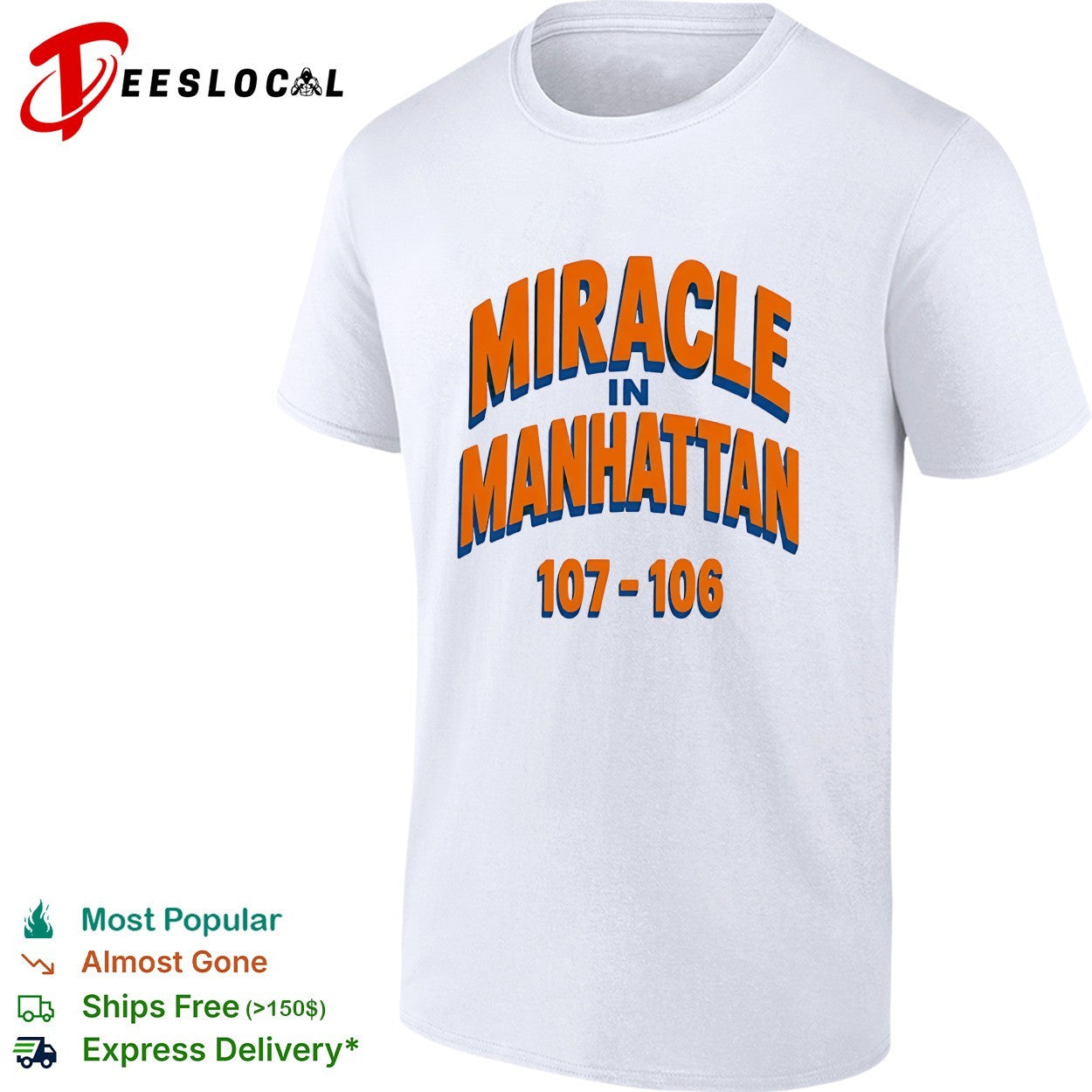 Miracle in Manhattan 107-106 bold arch text New York Knicks game shirt