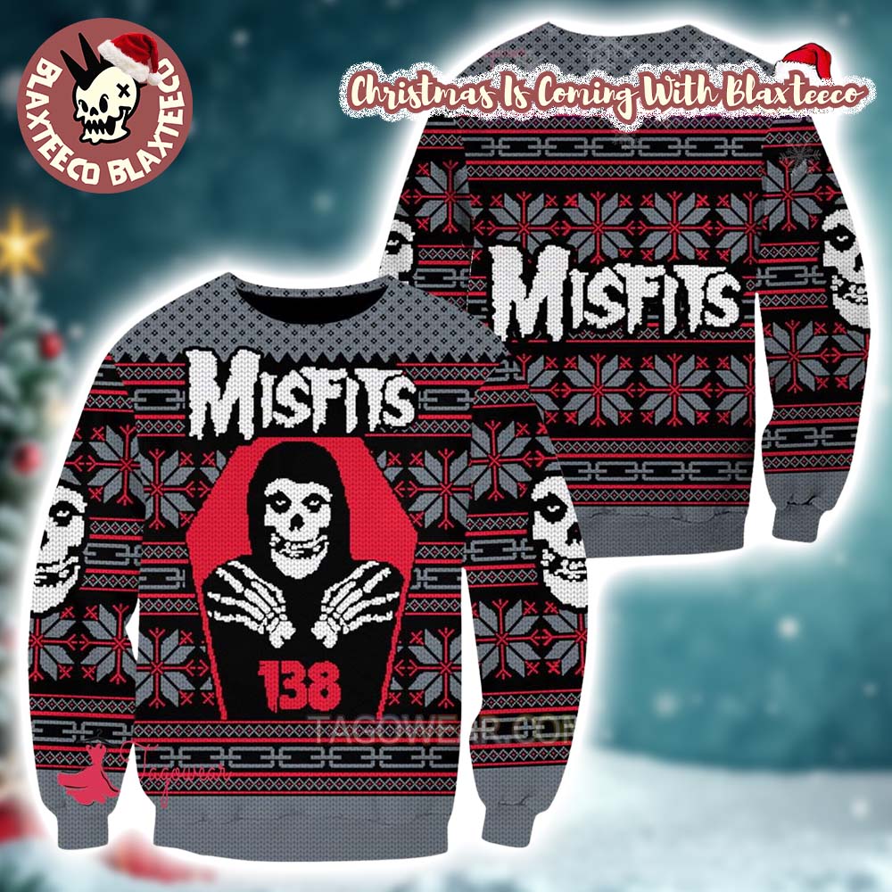 Misfits Signature Crimson Ghost 138 Snowflakes Pattern Ugly Christmas Sweater