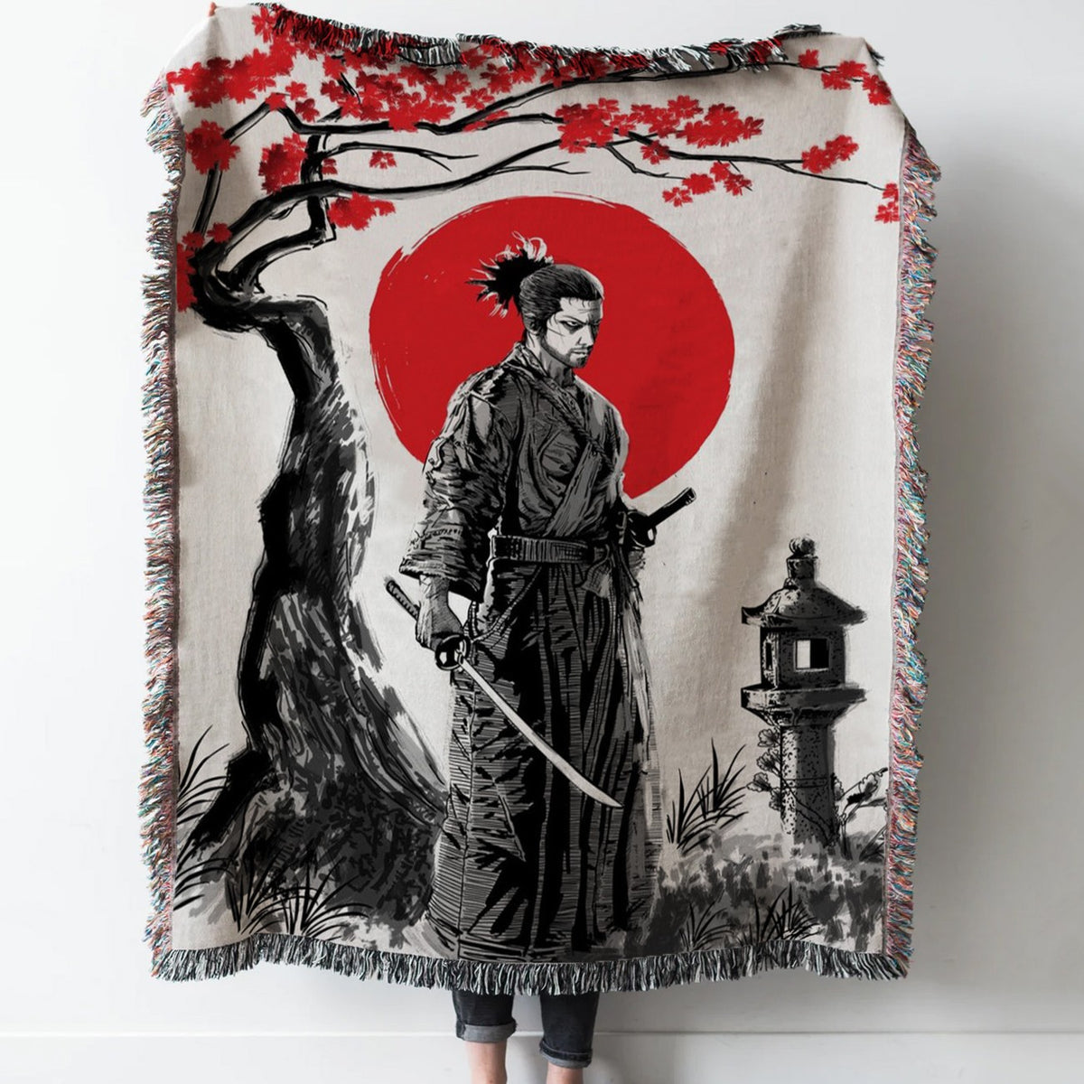 Miyamoto Musashi Woven Tapestry Throw Blanket with Fringe