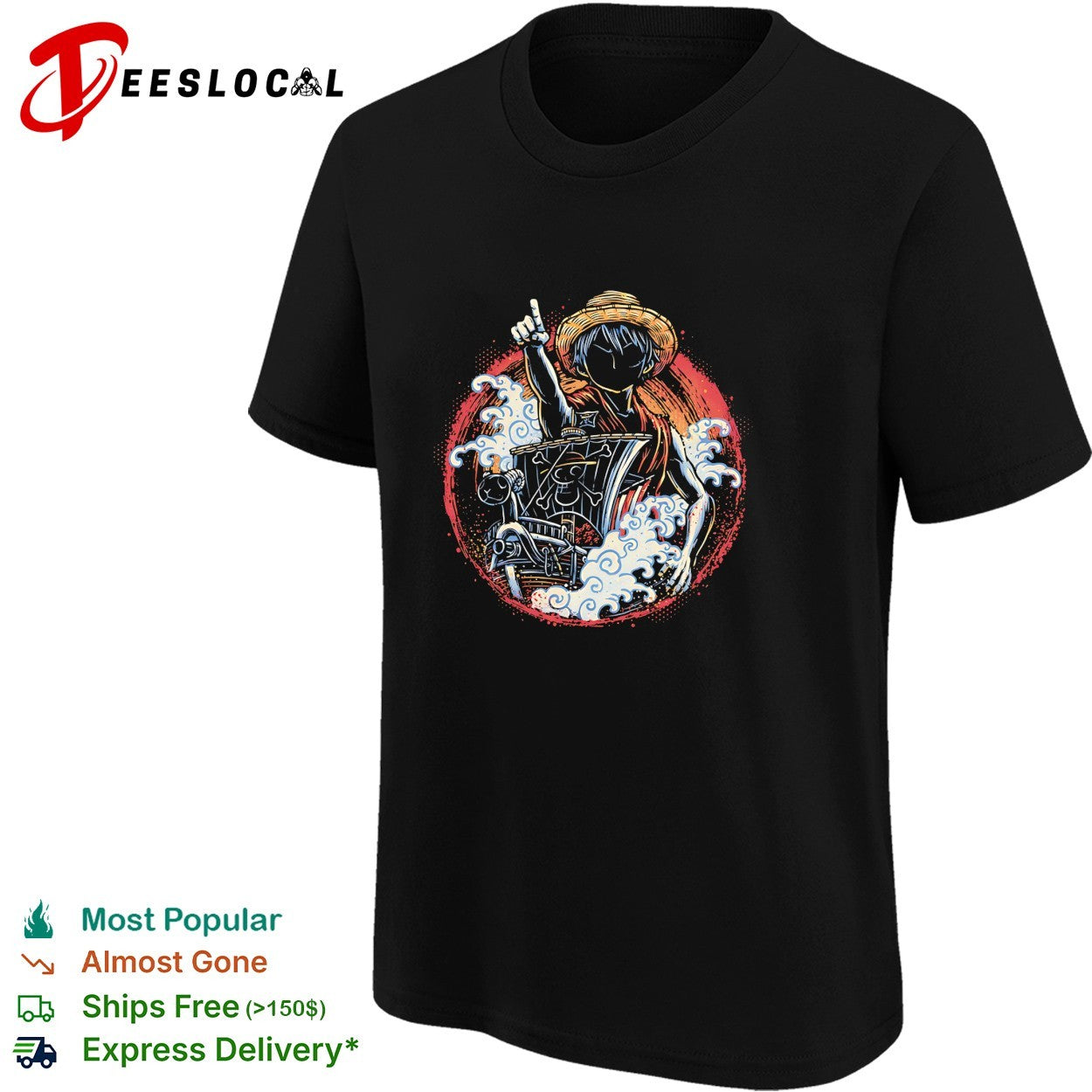 Monkey D Luffy Going Merry One Piece Anime Illustration and Straw Hat Pirate shirt