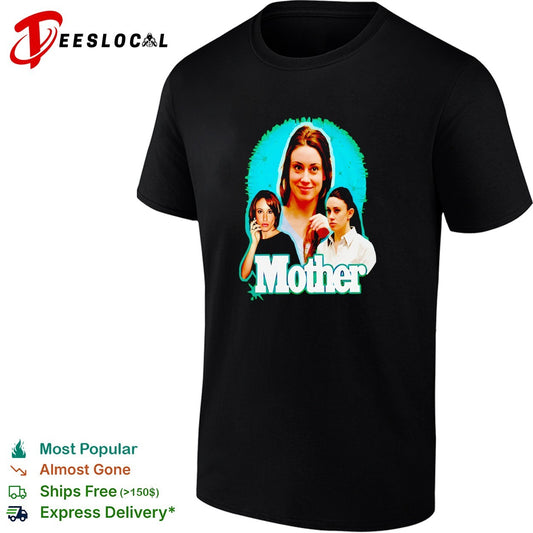 Mother true crime photo montage bold white lettering dark graphic shirt