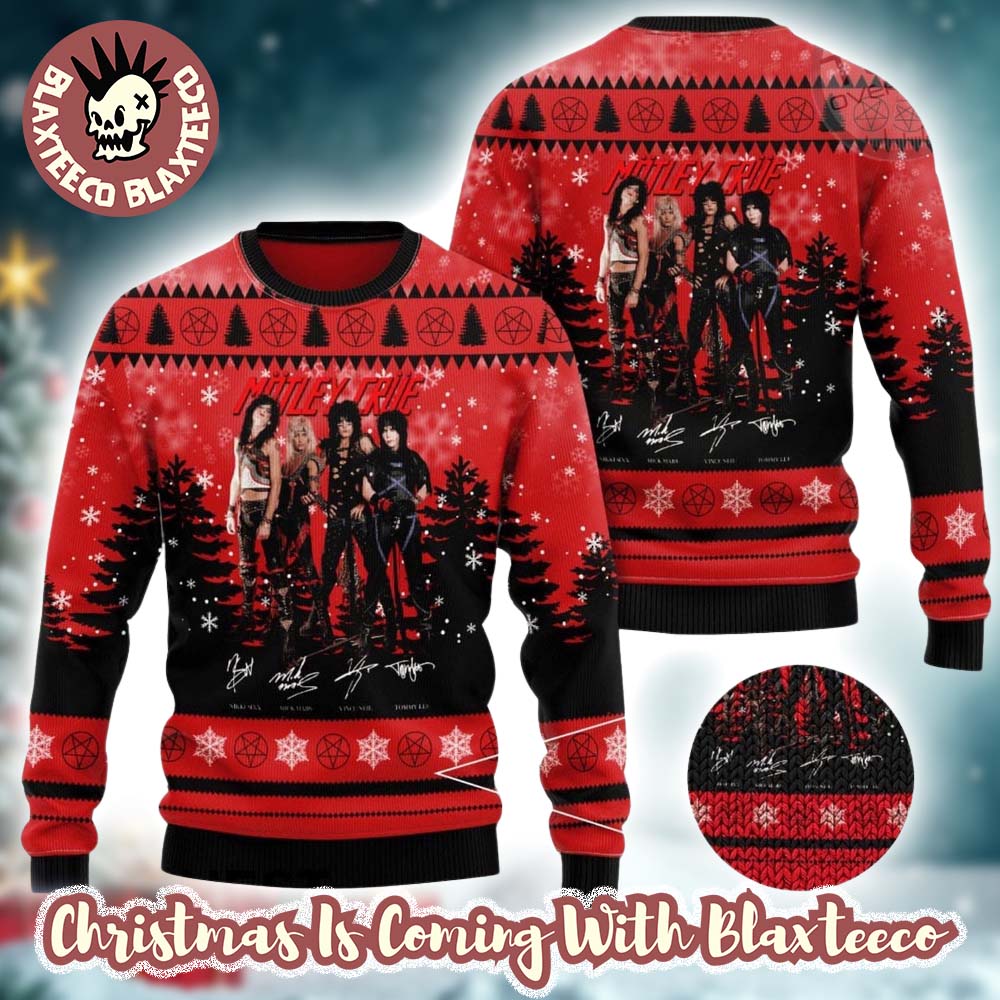 Motley Crue Band Member Photo With Signatures Snowy Night Knitted Red Ugly Christmas Sweater
