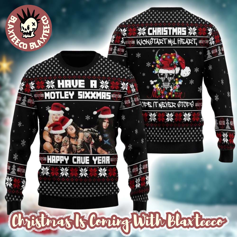 Motley Crue Have A Motley Sixxmas Happy Crue Year Santa Hats Knitted Black Ugly Christmas Sweater