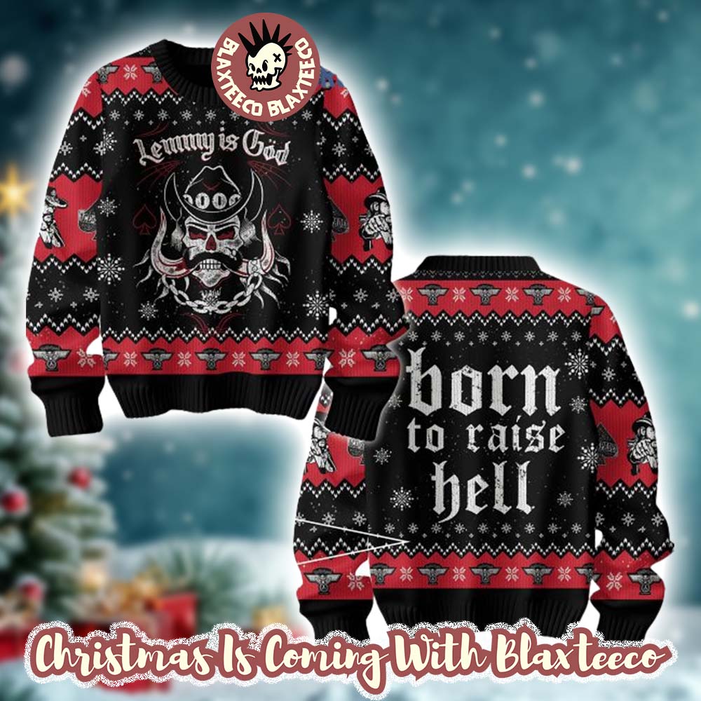 Motorhead Lemmy Is God Born To Raise Hell Signature Red And Black Ugly Christmas Sweater