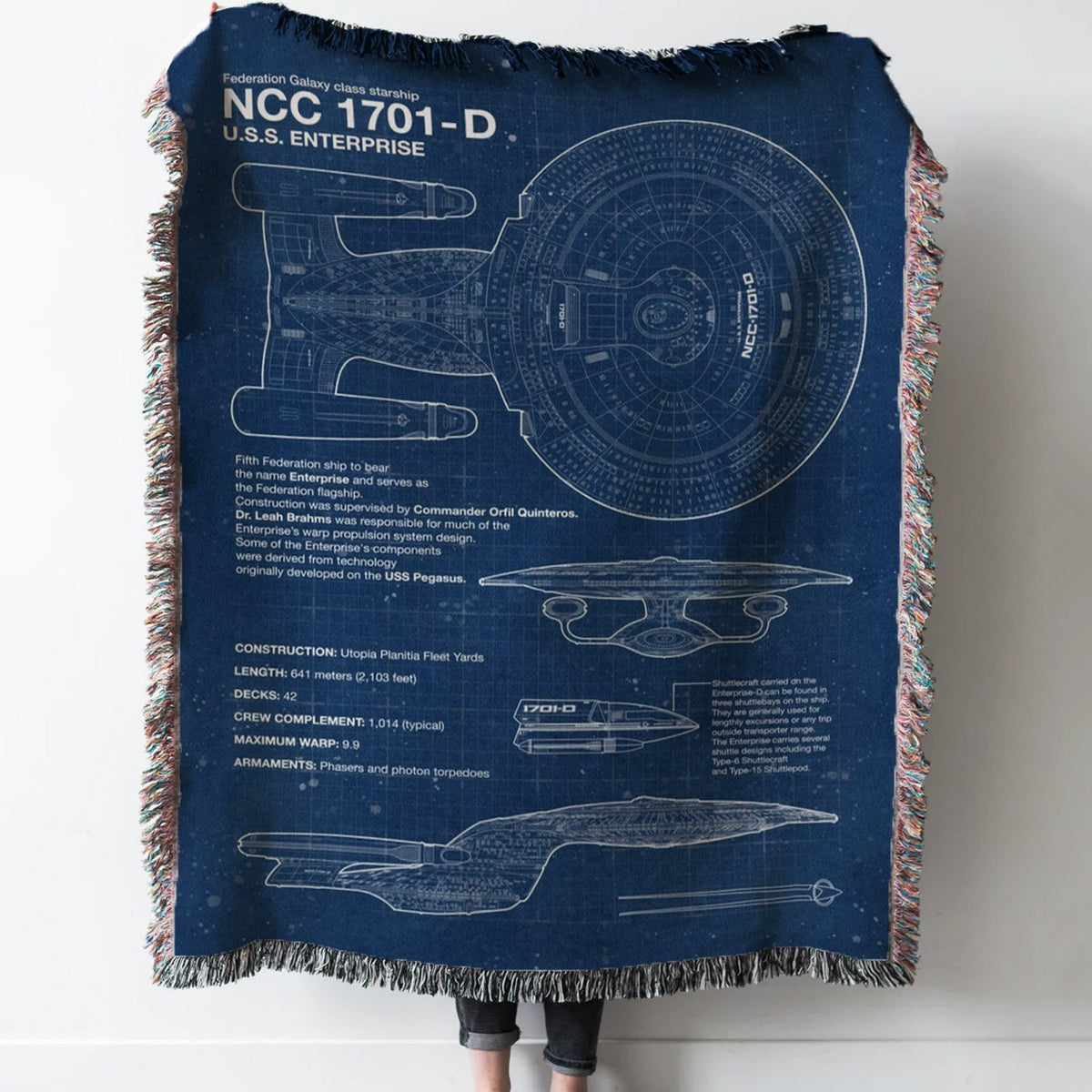 NCC-1701-D Blueprint Woven Tapestry Throw Blanket with Fringe