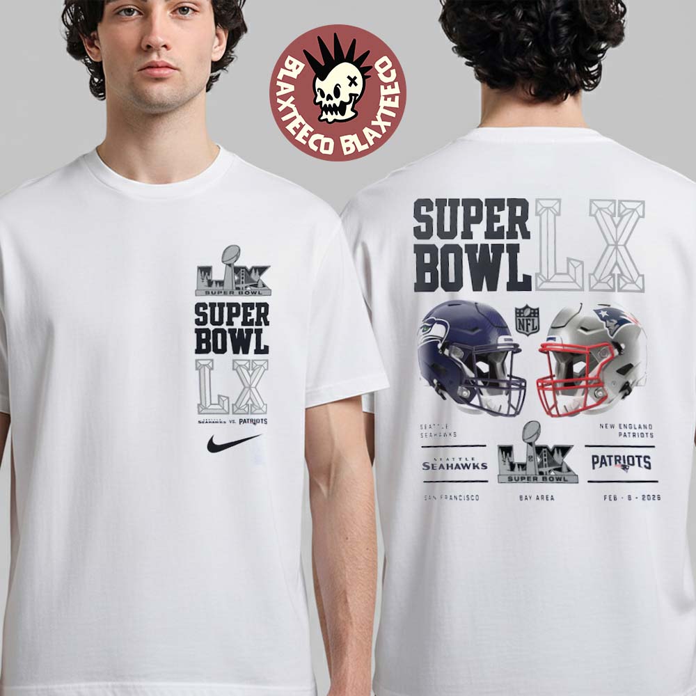 New England Patriots Vs Seattle Seahawks Nike Super Bowl LX Dueling Two Sided T-Shirt