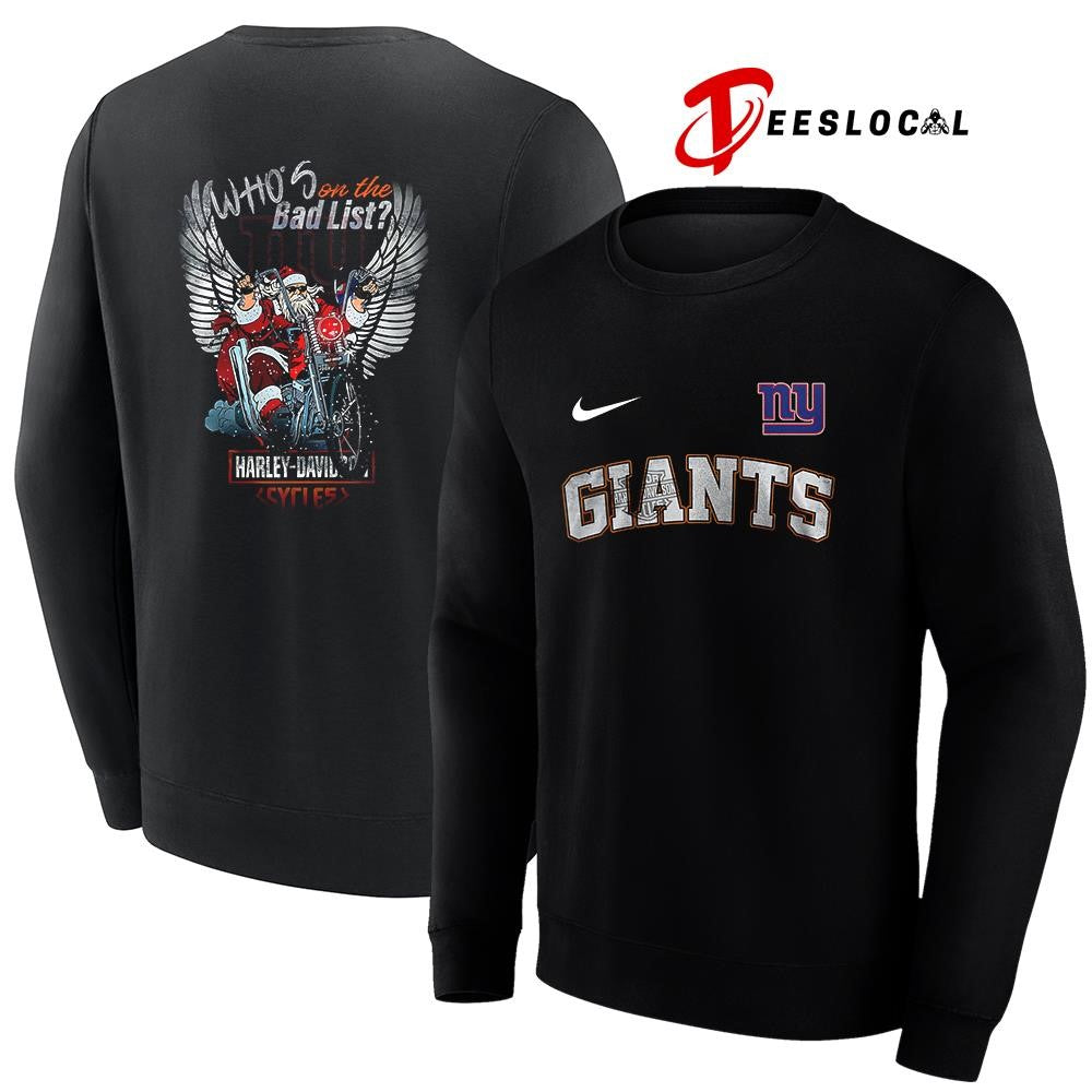 New York Giants x Harley Davidson Santa Claus who’s on the bad list graphic shirt