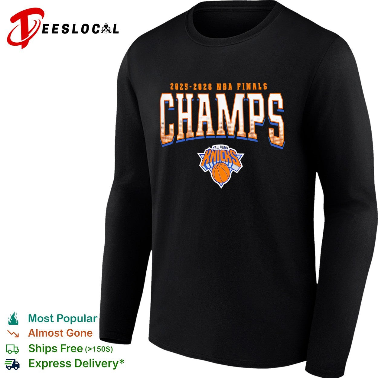 New York Knicks 2025-2026 NBA Finals Champs bold halftone arch text shirt