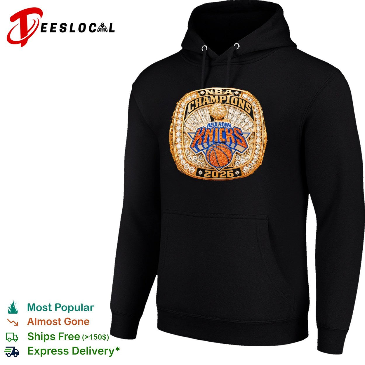 New York Knicks 2026 NBA Champions championship ring jeweled close-up shirt