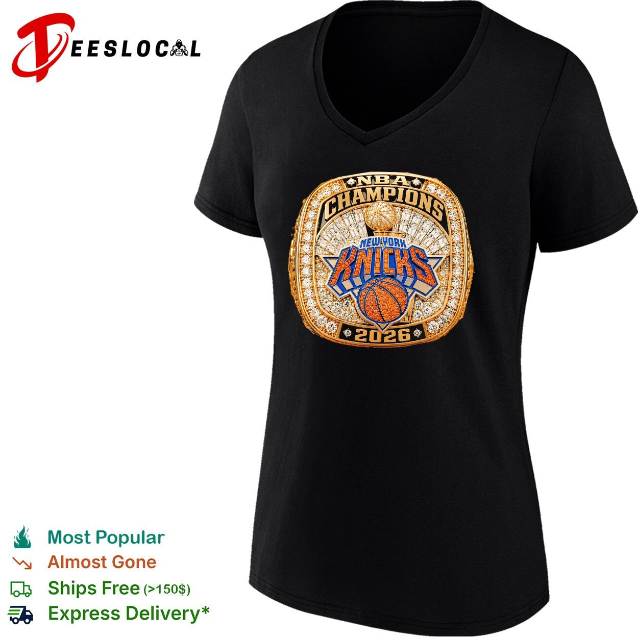 New York Knicks 2026 NBA Champions championship ring jeweled close-up shirt