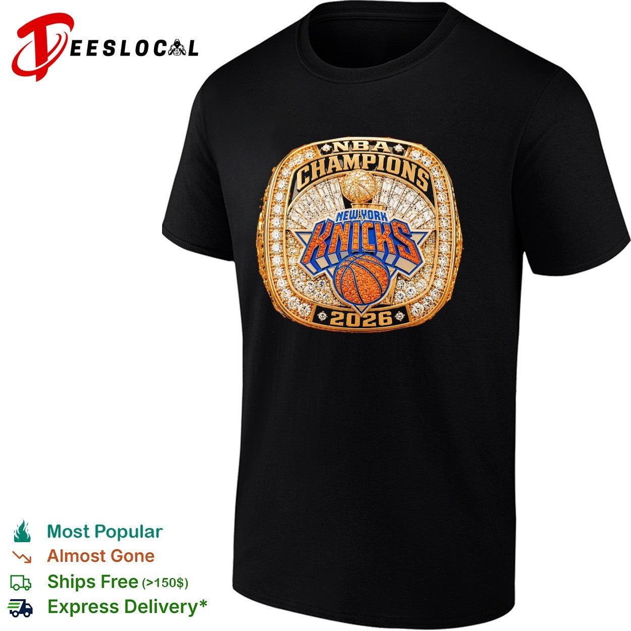 New York Knicks 2026 NBA Champions championship ring jeweled close-up shirt