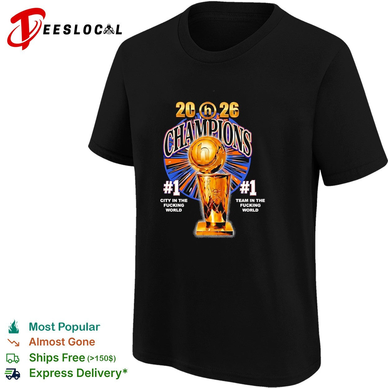 New York Knicks 2026 NBA Champions number one city in the world trophy bold text shirt