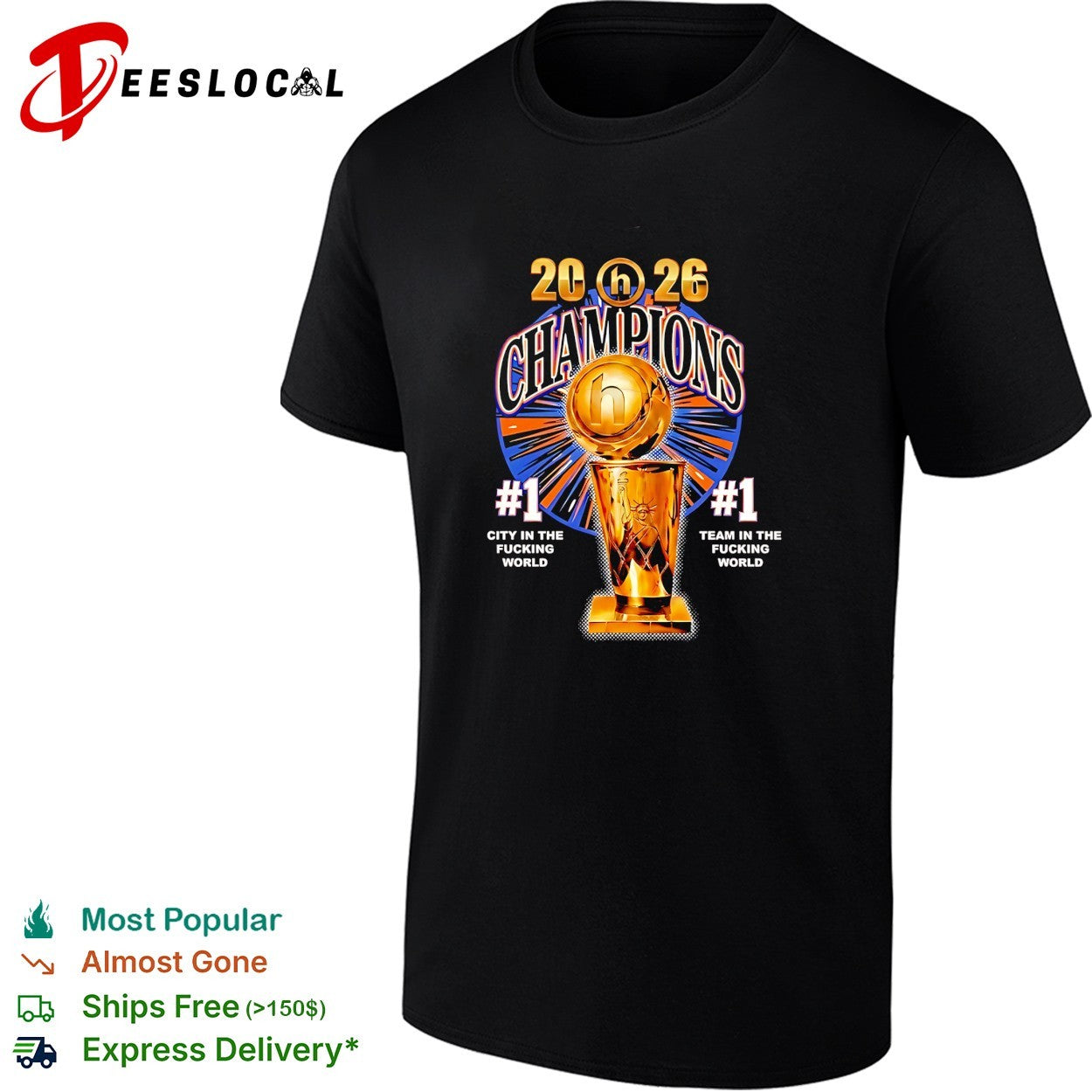 New York Knicks 2026 NBA Champions number one city in the world trophy bold text shirt