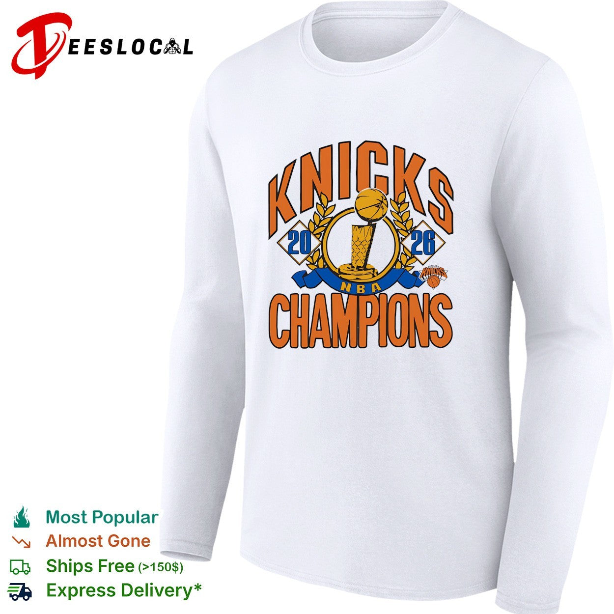 New York Knicks 2026 NBA Champions trophy laurel wreath bold arch text shirt