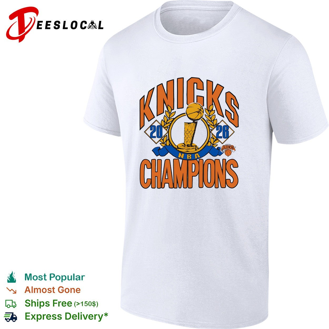 New York Knicks 2026 NBA Champions trophy laurel wreath bold arch text shirt