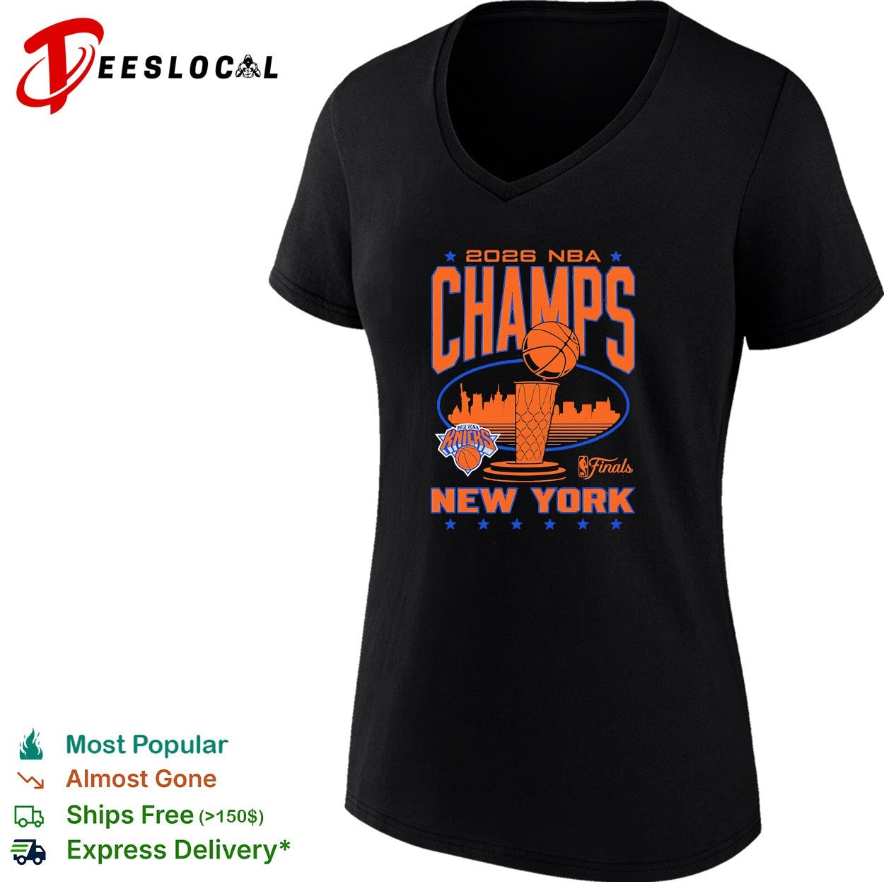 New York Knicks 2026 NBA Champs trophy basketball hoop NYC skyline fan art shirt