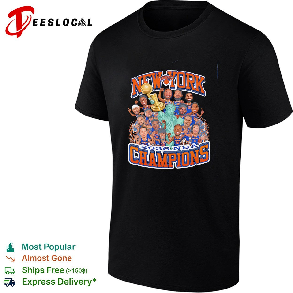 New York Knicks Champions team photo collage statue of liberty trophy shirt