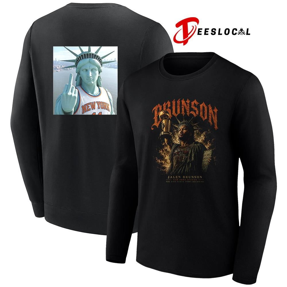 New York Knicks Jalen Brunson Statue of Liberty the city never stops believing middle finger shirt