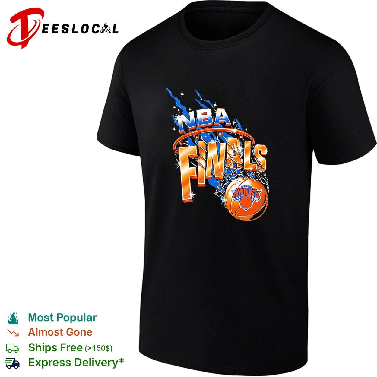 New York Knicks NBA Finals basketball hoop lightning blue orange dark shirt