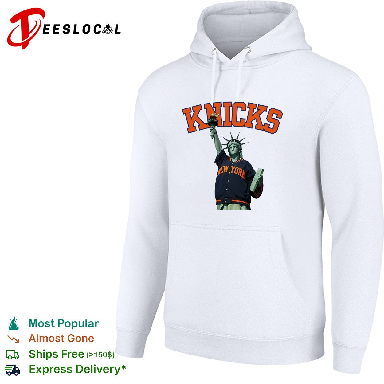 New York Knicks Statue of Liberty wearing varsity jacket bold arch text shirt