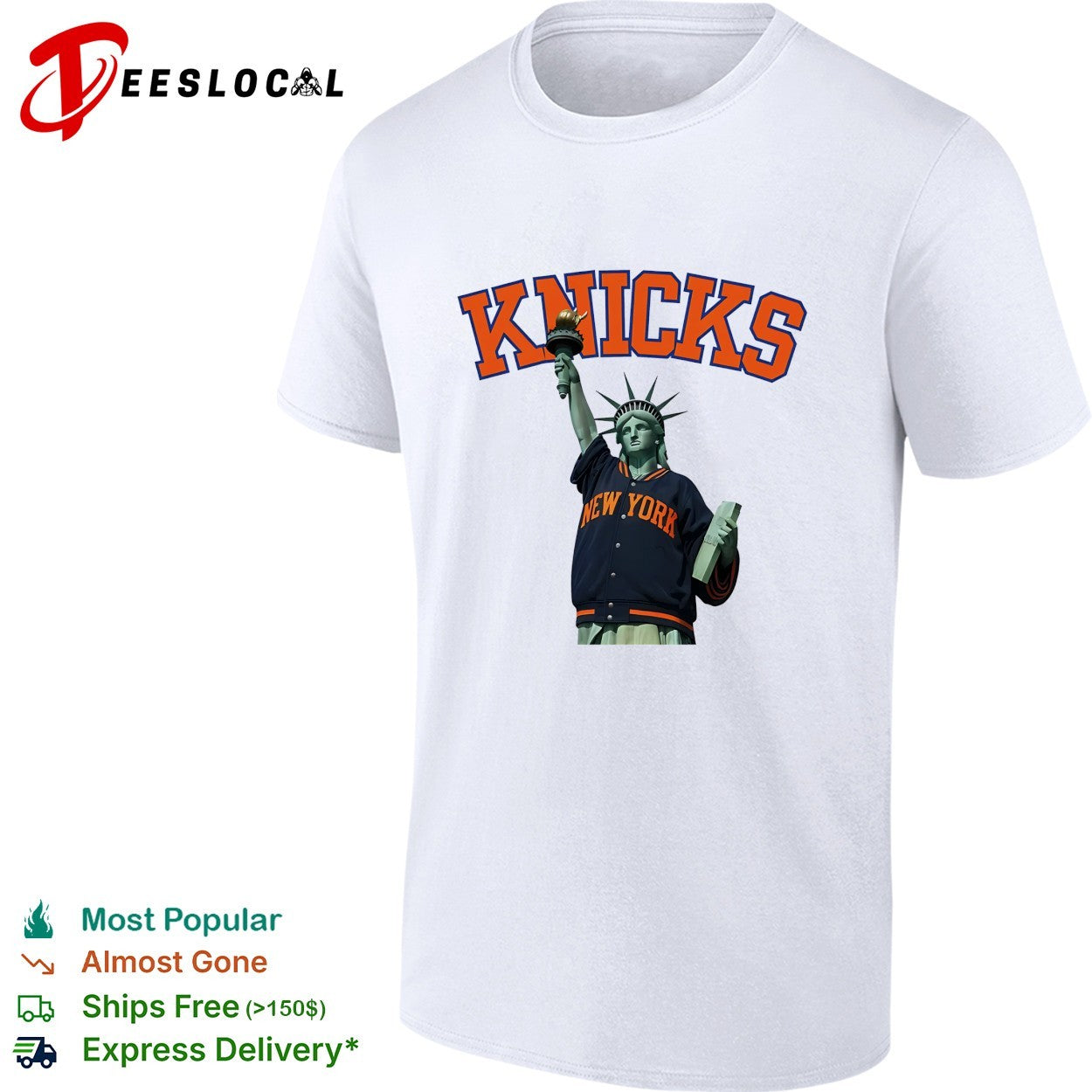 New York Knicks Statue of Liberty wearing varsity jacket bold arch text shirt