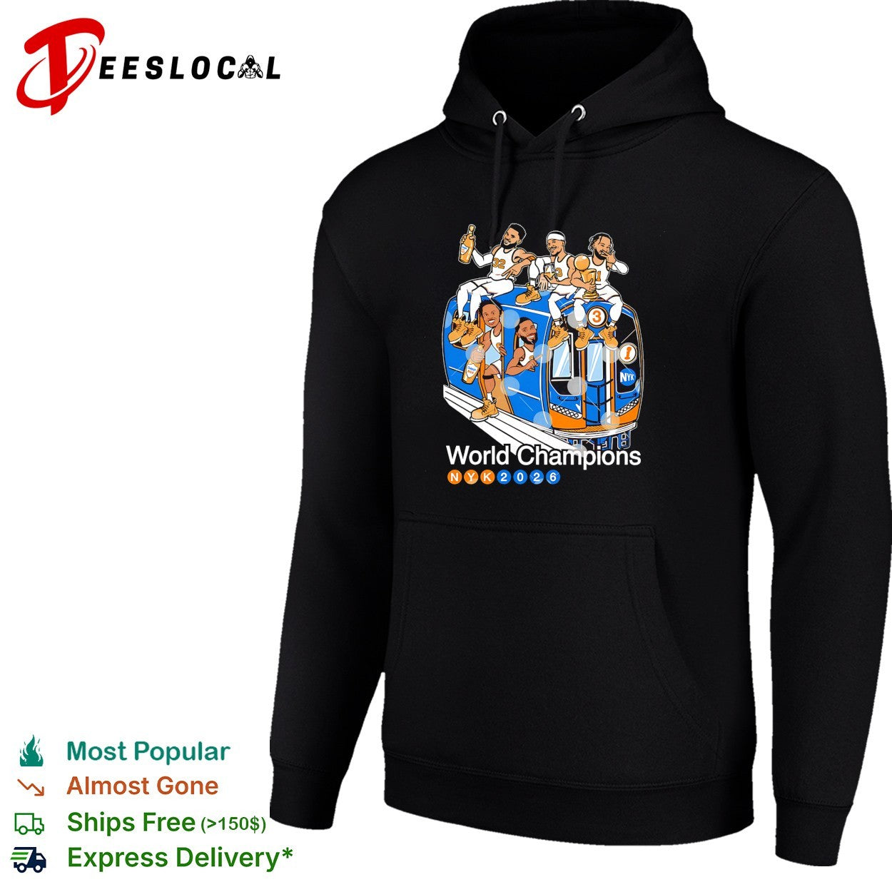 New York Knicks World Champions 2026 players riding subway bus celebration cartoon shirt