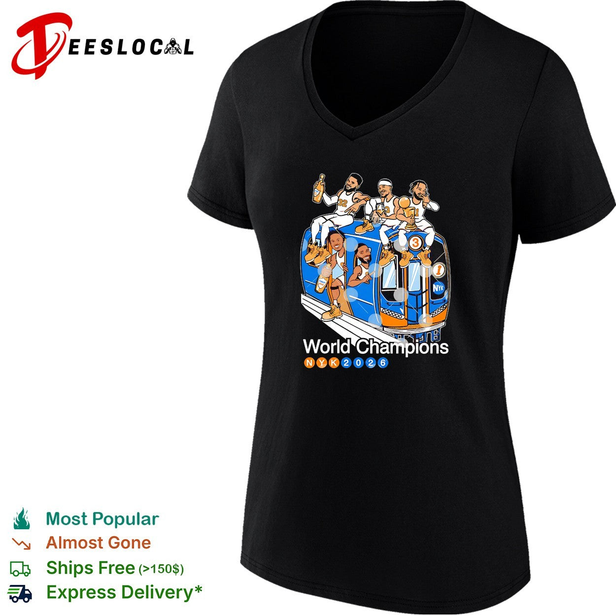 New York Knicks World Champions 2026 players riding subway bus celebration cartoon shirt