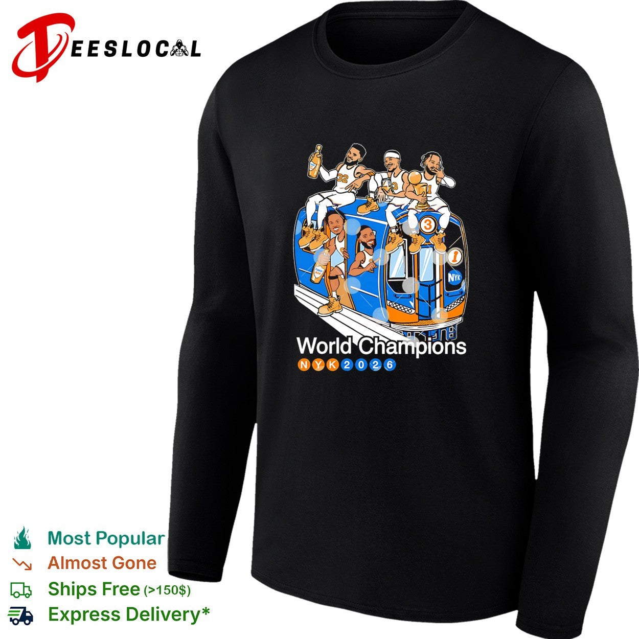 New York Knicks World Champions 2026 players riding subway bus celebration cartoon shirt