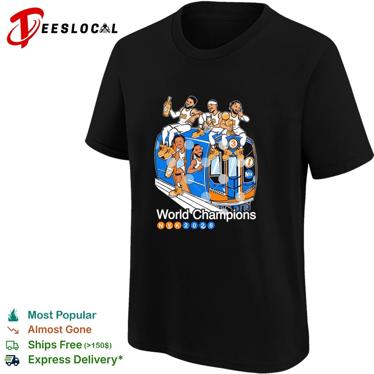 New York Knicks World Champions 2026 players riding subway bus celebration cartoon shirt