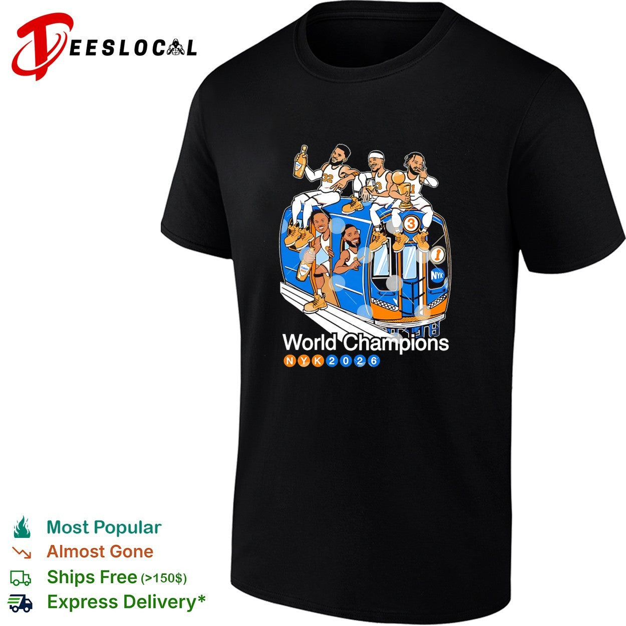 New York Knicks World Champions 2026 players riding subway bus celebration cartoon shirt