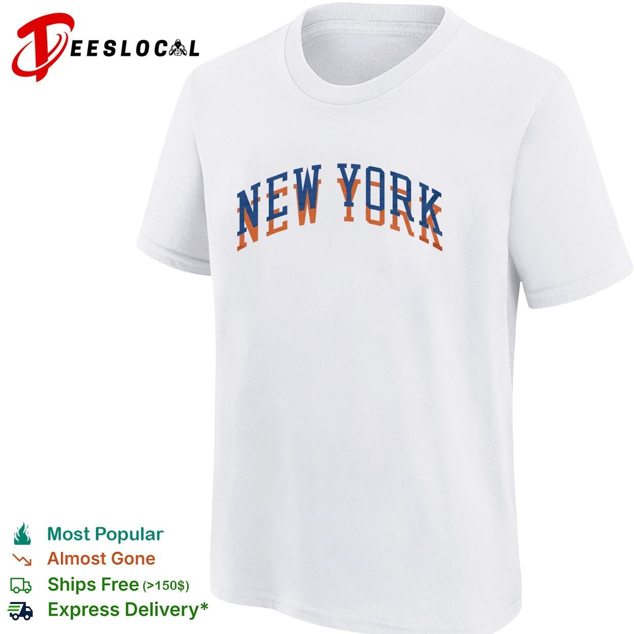 New York Knicks arch text logo blue orange graphic shirt